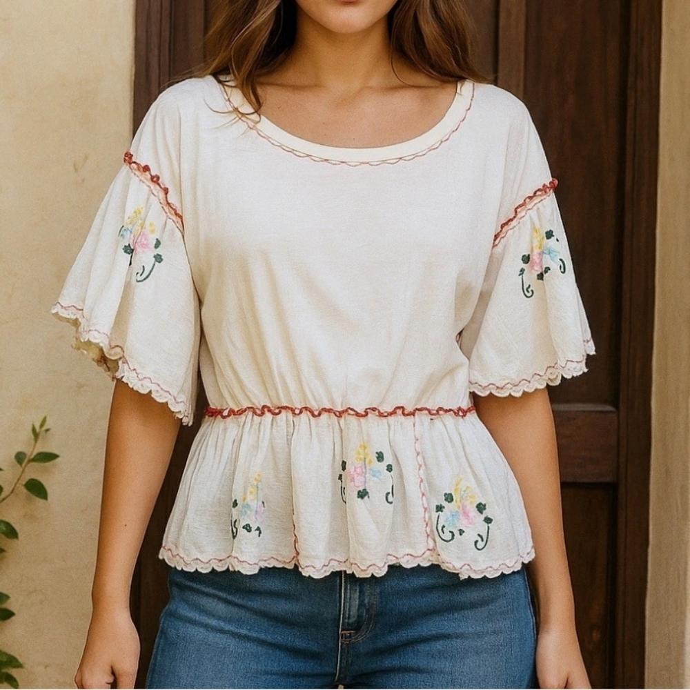 By Anthropologie Brand White Embroidered Peplum Ruffle Boho Tee Top S